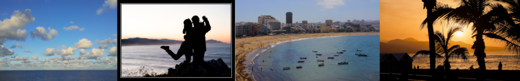 4 fotos de Las Canteras tanto de días como al atardecer, en una de ellas se puede ver a una pareja bailando